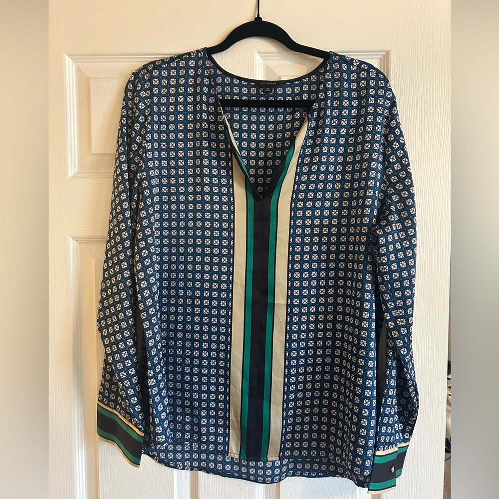 Ann Taylor Navy Geometric Print Color Block Blouse - Size XL